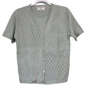 Vintage Alfred Dunner Cardigan Sweater Blouse Small Green Knit Floral Cottage